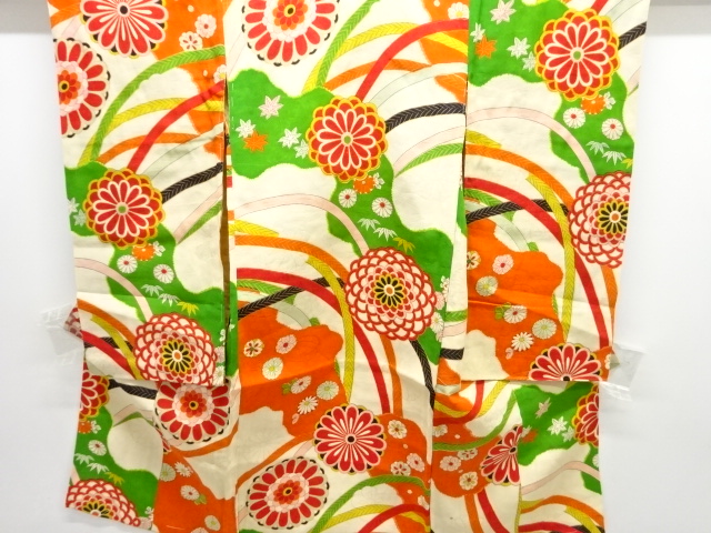 JAPANESE KIMONO / ANTIQUE MON KINSHA KIMONO / CHRYSANTHEMUM PATTERN
